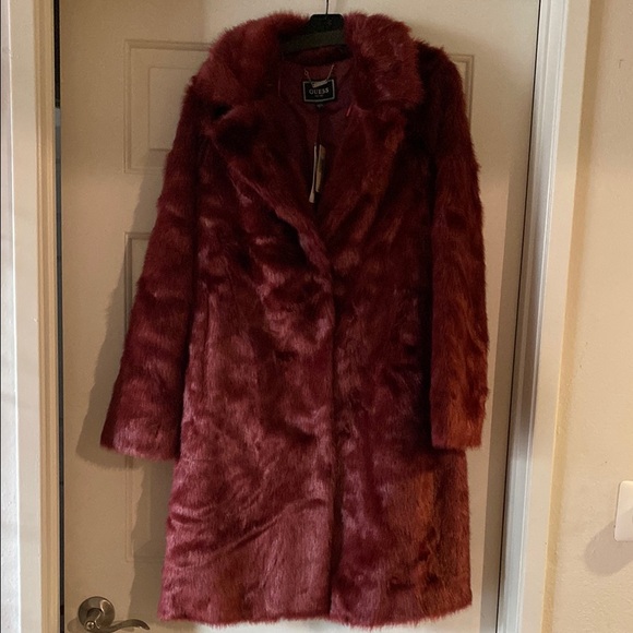 Guess Faux Fur Coat in Rich Burgundy - Picture 3 of 3